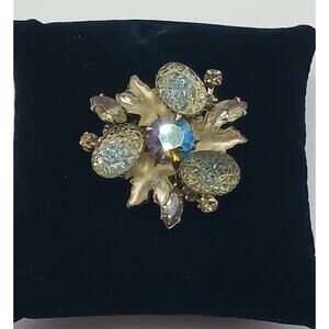 Vtg Molded Lava Glass Leaf Brooch Aurora Borealis Rhinestone Unsigned Judy Lee